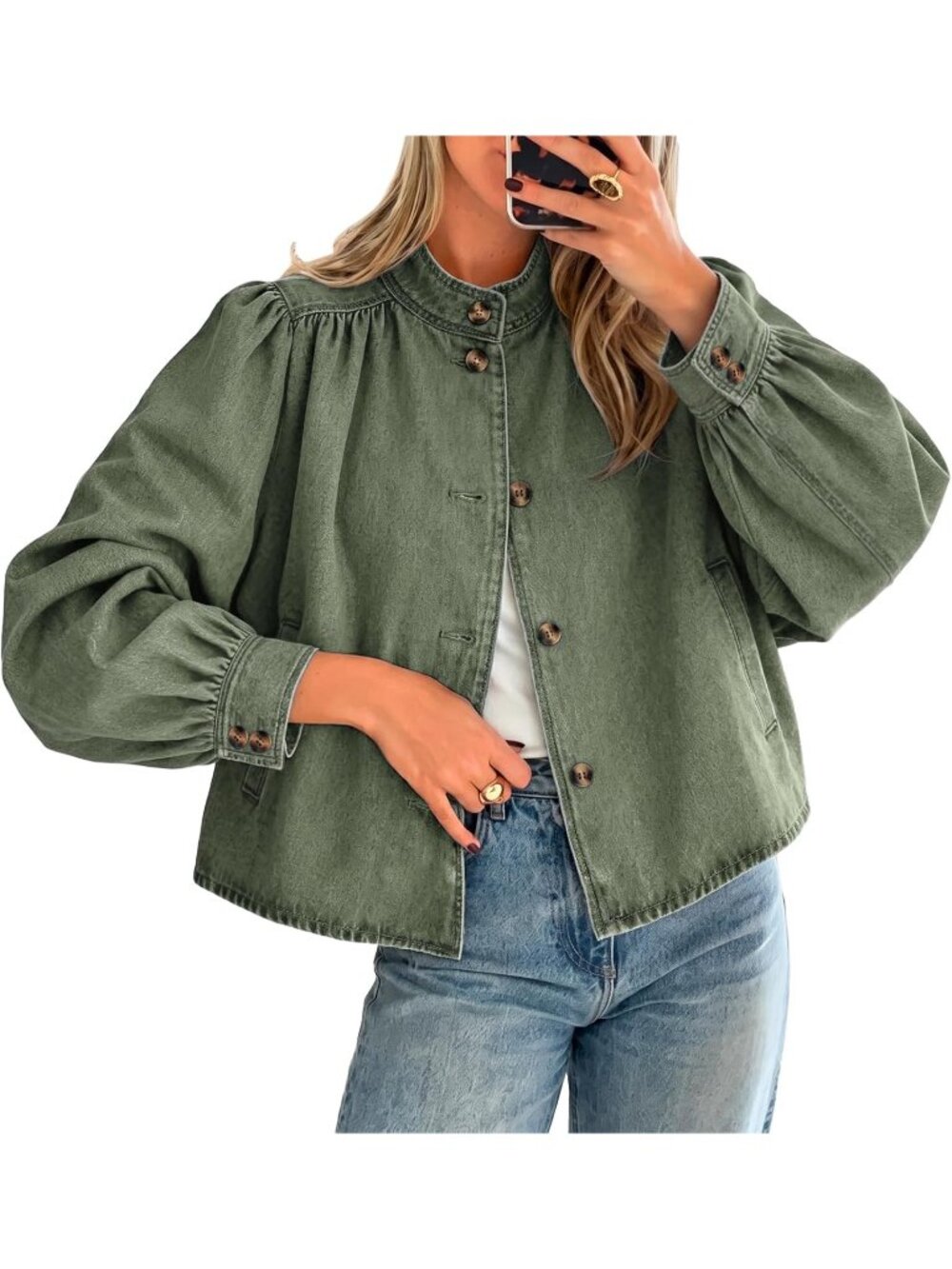 Women’s Army Green Puff Sleeve Stand Collar Button Down Loose Fit Jean Jacket